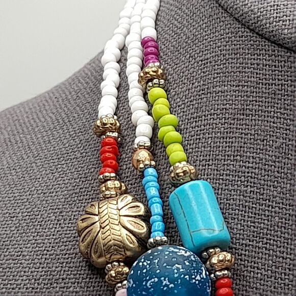 Chico's Lampwork Art Bead Necklace, Three Strands, 20" - Picture 10 of 13